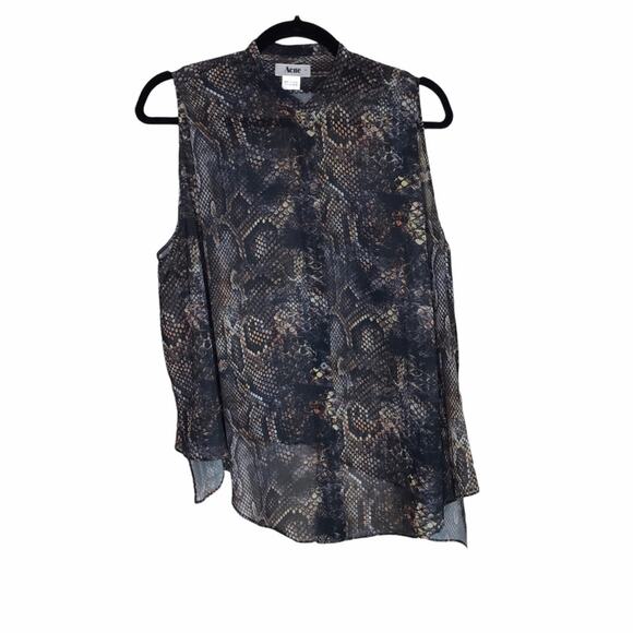 Acne Size 34 (US 2)-Shimmer Snake Chiffon Sleeveless Blouse Hi-Lo Hem - Picture 3 of 14